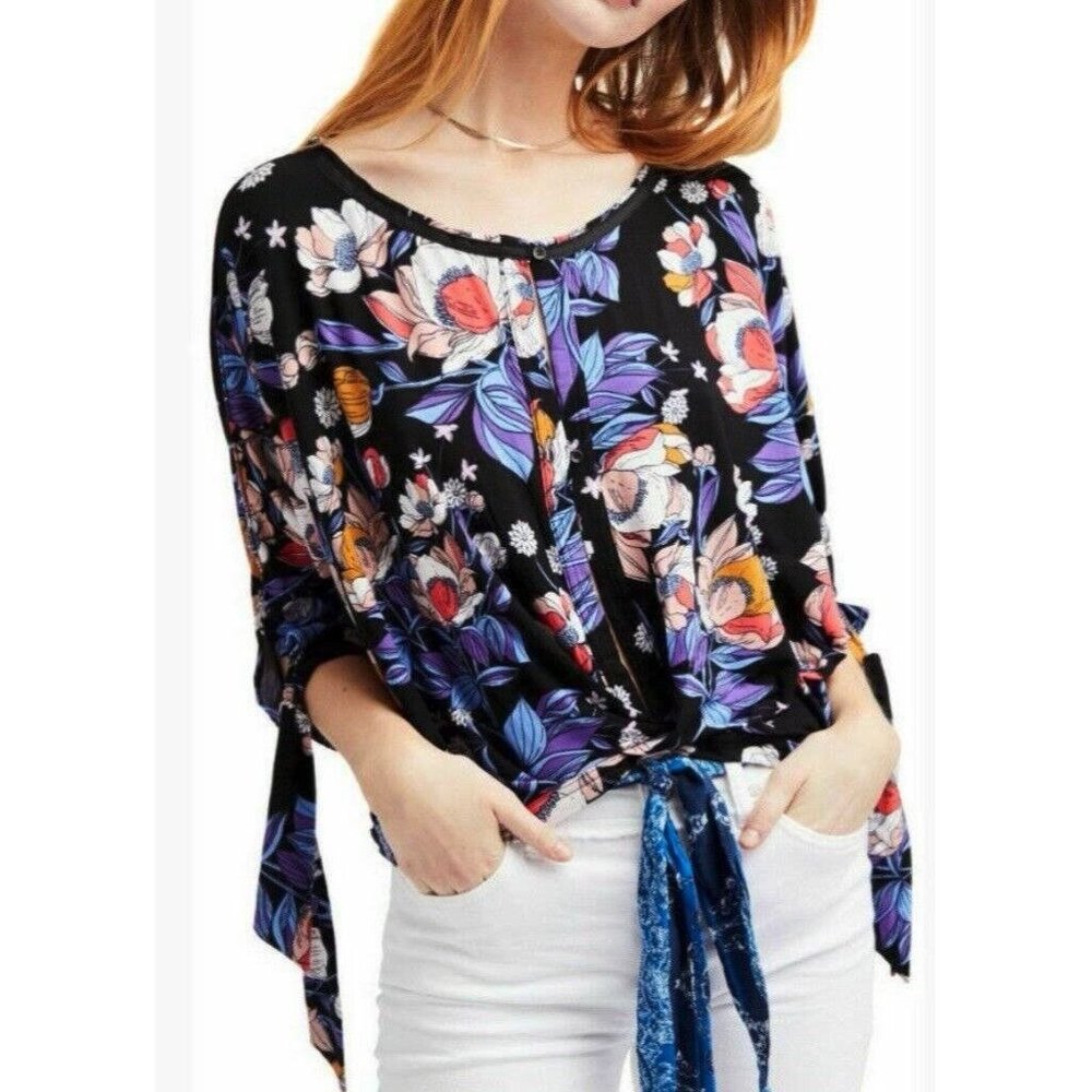 Free People Top Keepin' On Tie Sleeve Tee Floral Open Button Front Medium - Picture 1 of 8